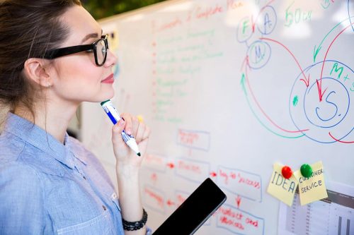 Busineswoman reading something on whiteboard Young busineswoman reading something on whiteboard in office
